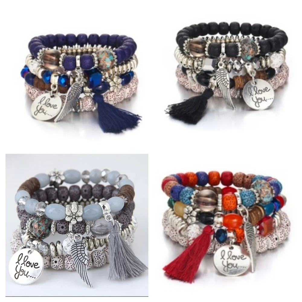 Beaded Bracelet Set Tassel Charms 4 Stretch Bracelet Set Black - Picture 9 of 11